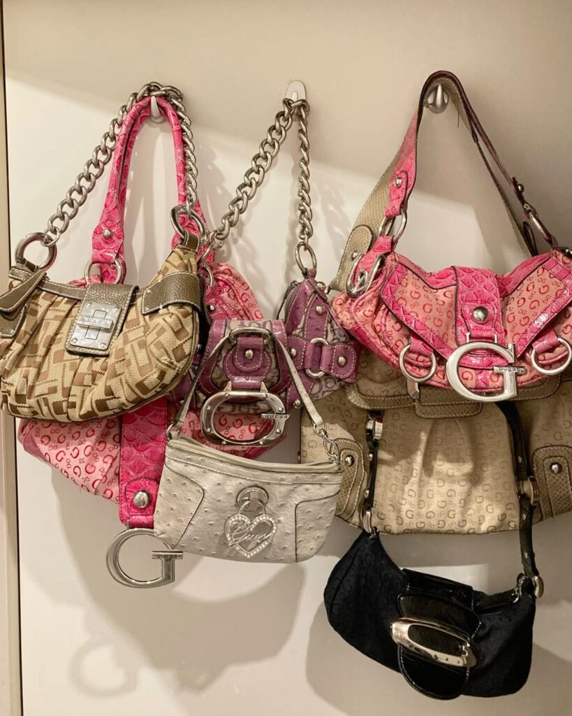 Purses hanging on a wall y2k accessories 