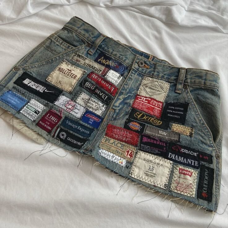 a denim skirt with patches hand sewn on