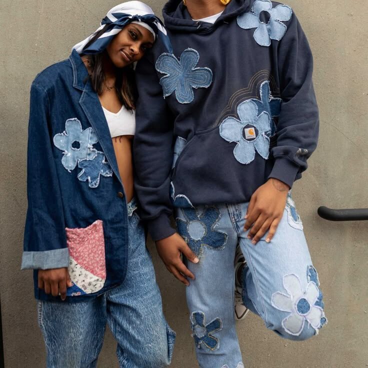 a couple wearing matching denim sets, that look custom